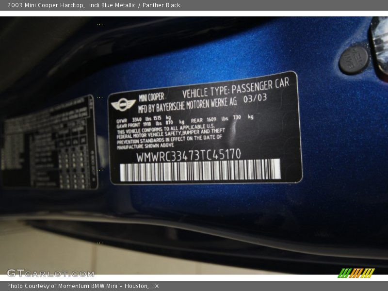 Indi Blue Metallic / Panther Black 2003 Mini Cooper Hardtop