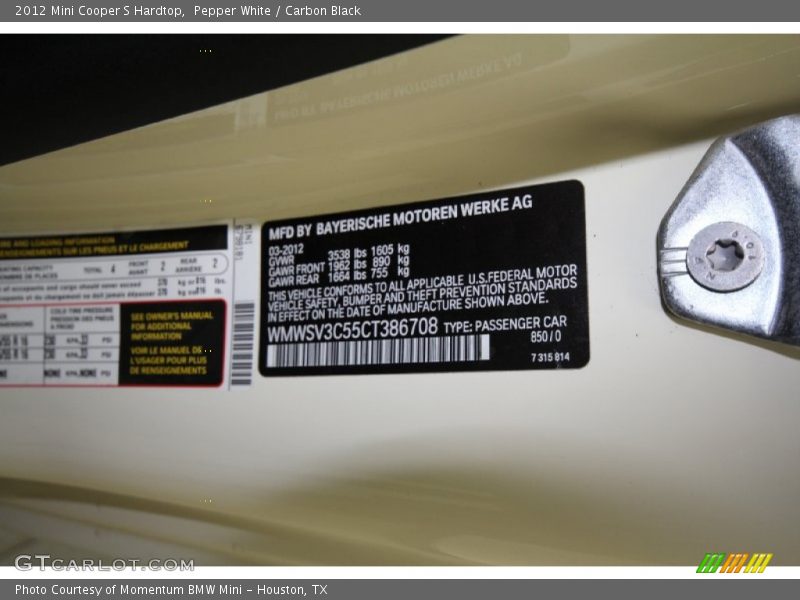 Pepper White / Carbon Black 2012 Mini Cooper S Hardtop