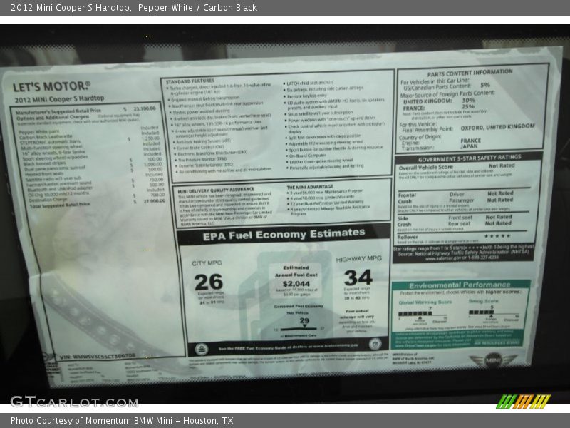 Pepper White / Carbon Black 2012 Mini Cooper S Hardtop