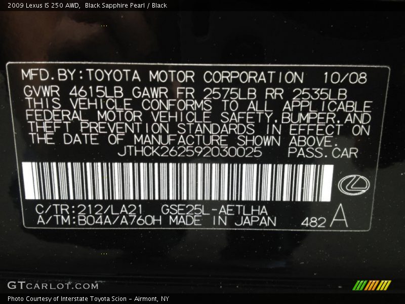 Black Sapphire Pearl / Black 2009 Lexus IS 250 AWD