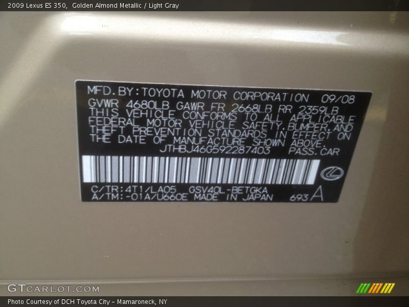 Golden Almond Metallic / Light Gray 2009 Lexus ES 350