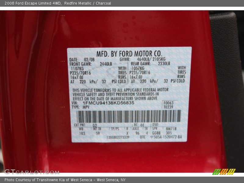 Redfire Metallic / Charcoal 2008 Ford Escape Limited 4WD