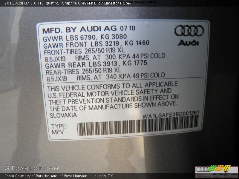 Graphite Grey Metallic / Limestone Grey 2011 Audi Q7 3.0 TFSI quattro