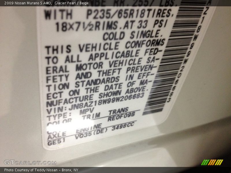 Glacier Pearl / Beige 2009 Nissan Murano S AWD