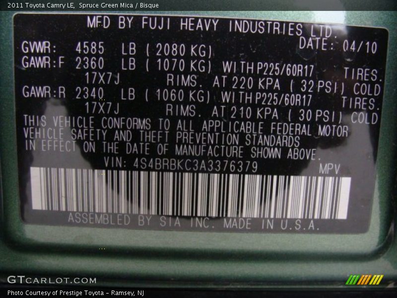 Spruce Green Mica / Bisque 2011 Toyota Camry LE