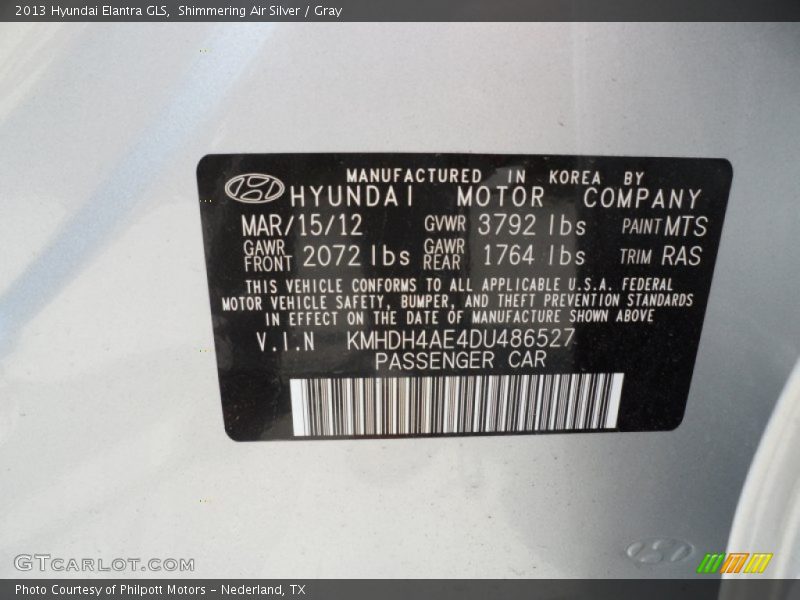 2013 Elantra GLS Shimmering Air Silver Color Code MTS