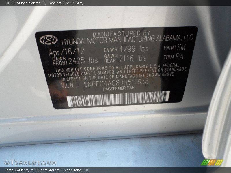 2013 Sonata SE Radiant Silver Color Code SM