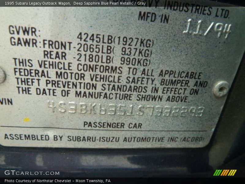 Deep Sapphire Blue Pearl Metallic / Gray 1995 Subaru Legacy Outback Wagon