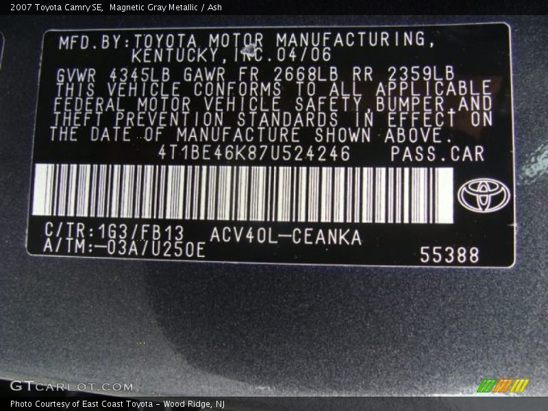 Magnetic Gray Metallic / Ash 2007 Toyota Camry SE