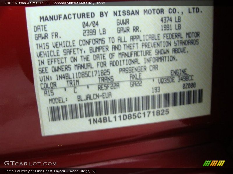 2005 Altima 3.5 SE Sonoma Sunset Metallic Color Code A15