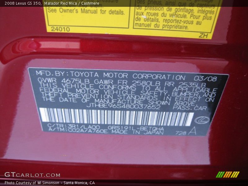 Matador Red Mica / Cashmere 2008 Lexus GS 350