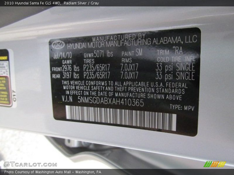 Radiant Silver / Gray 2010 Hyundai Santa Fe GLS 4WD