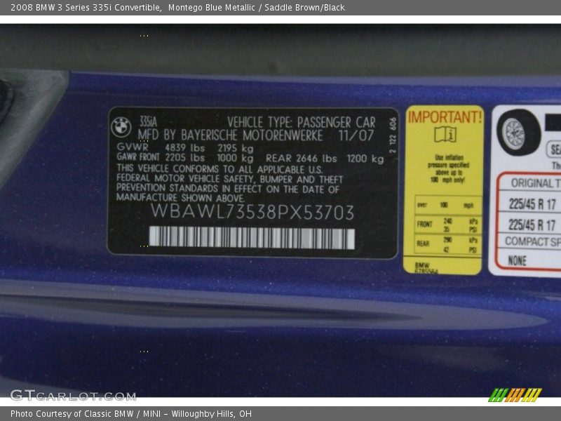 Info Tag of 2008 3 Series 335i Convertible