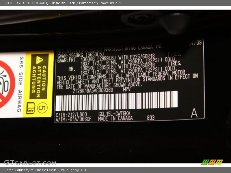 Obsidian Black / Parchment/Brown Walnut 2010 Lexus RX 350 AWD