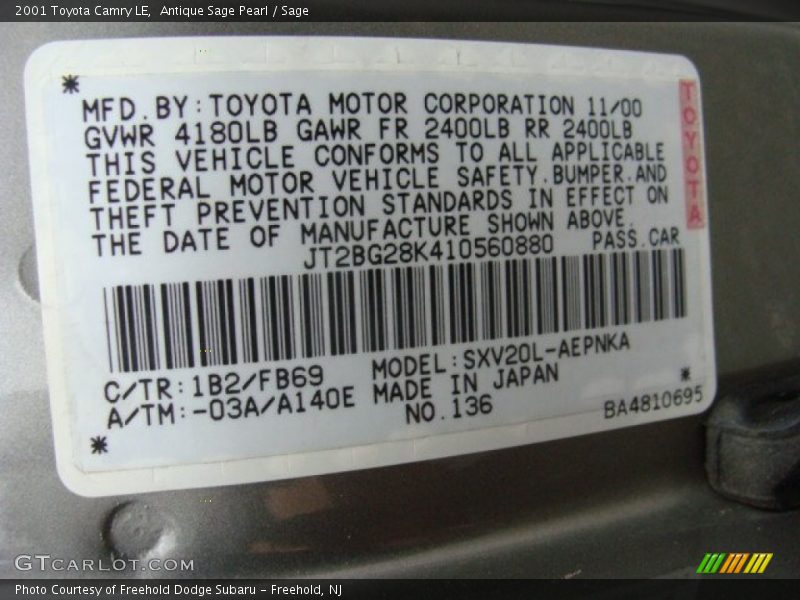 2001 Camry LE Antique Sage Pearl Color Code 1B2