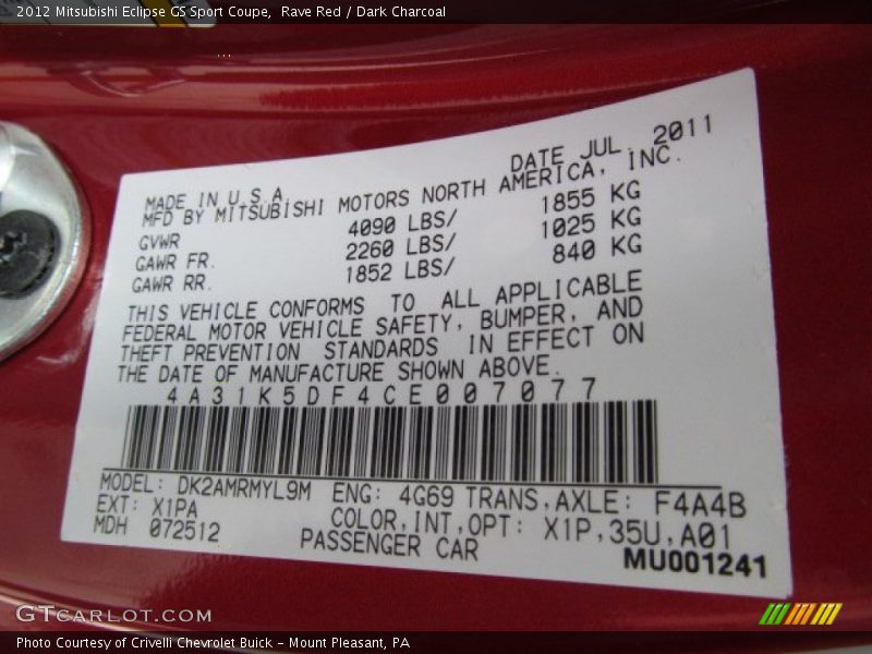 2012 Eclipse GS Sport Coupe Rave Red Color Code X1PA