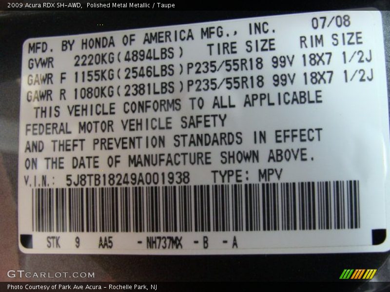 2009 RDX SH-AWD Polished Metal Metallic Color Code NH737MX