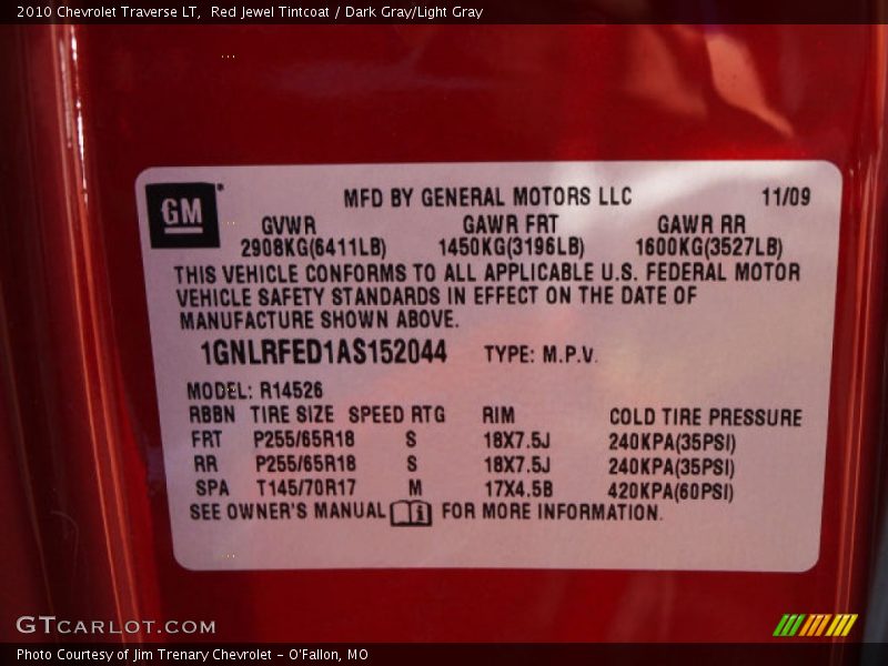 Red Jewel Tintcoat / Dark Gray/Light Gray 2010 Chevrolet Traverse LT