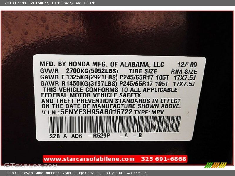 Dark Cherry Pearl / Black 2010 Honda Pilot Touring