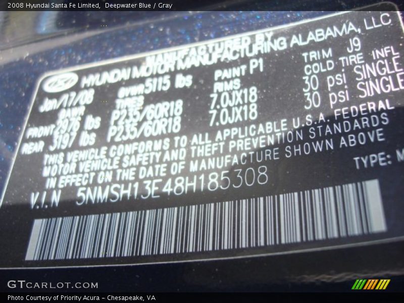 Deepwater Blue / Gray 2008 Hyundai Santa Fe Limited