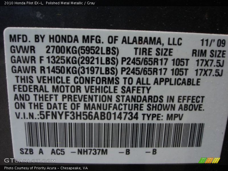 Polished Metal Metallic / Gray 2010 Honda Pilot EX-L