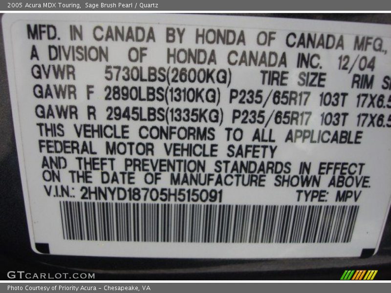 Sage Brush Pearl / Quartz 2005 Acura MDX Touring