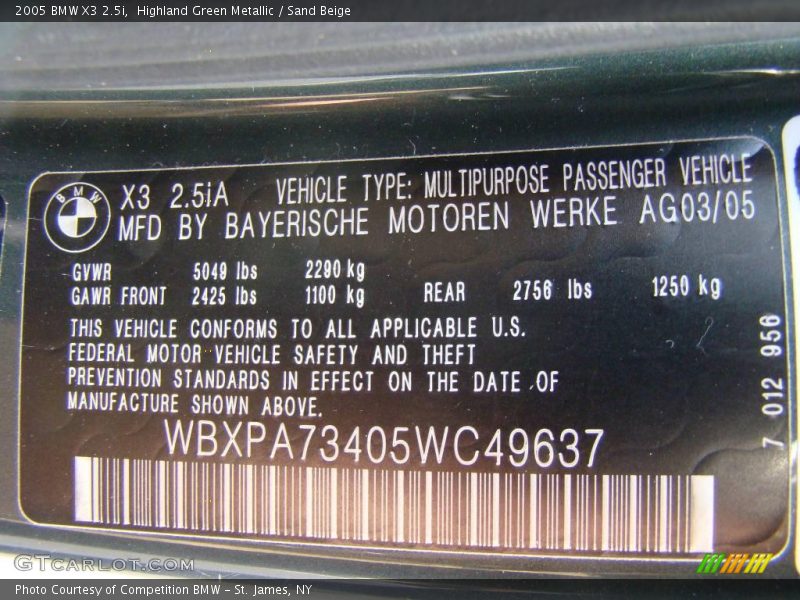 Highland Green Metallic / Sand Beige 2005 BMW X3 2.5i