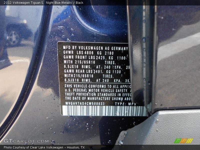 Night Blue Metallic / Black 2012 Volkswagen Tiguan S