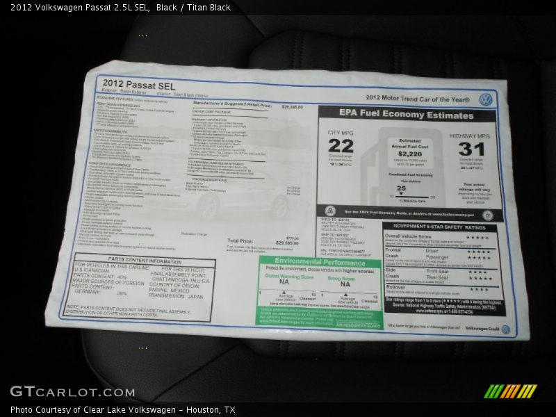 Black / Titan Black 2012 Volkswagen Passat 2.5L SEL