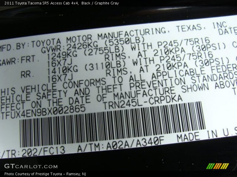 Black / Graphite Gray 2011 Toyota Tacoma SR5 Access Cab 4x4