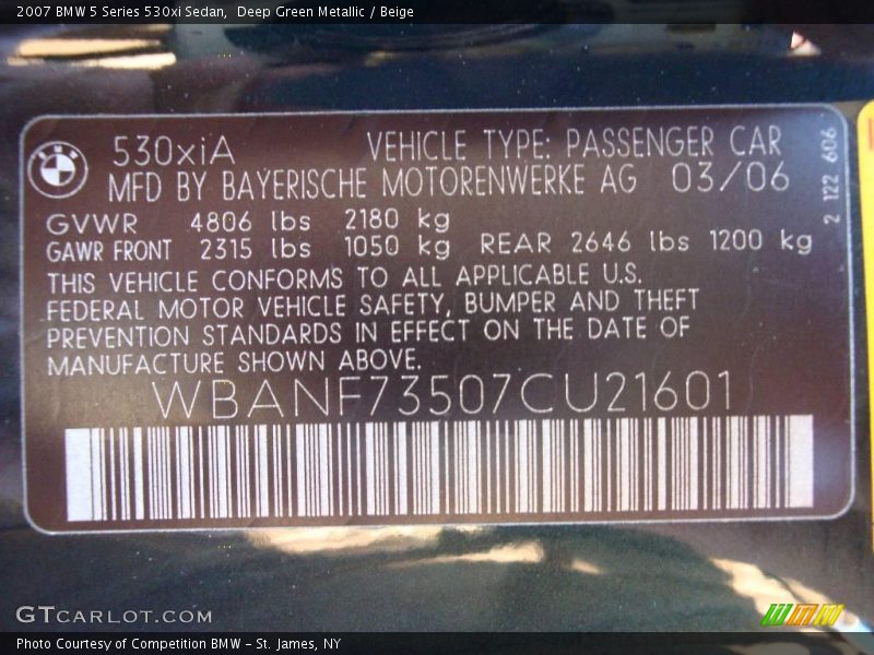 Deep Green Metallic / Beige 2007 BMW 5 Series 530xi Sedan