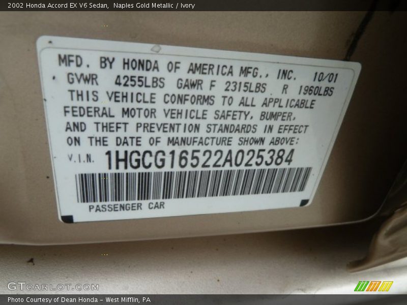 Naples Gold Metallic / Ivory 2002 Honda Accord EX V6 Sedan