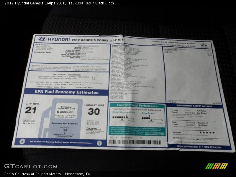  2012 Genesis Coupe 2.0T Window Sticker