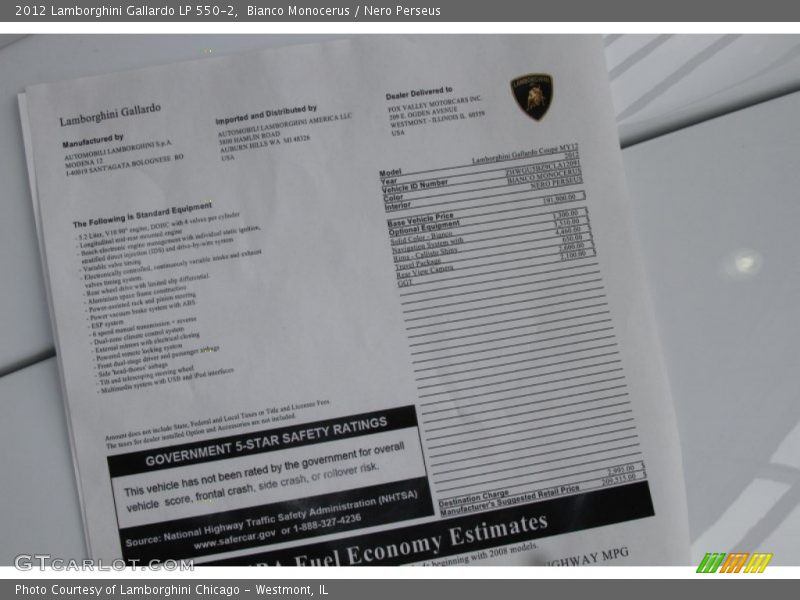  2012 Gallardo LP 550-2 Window Sticker