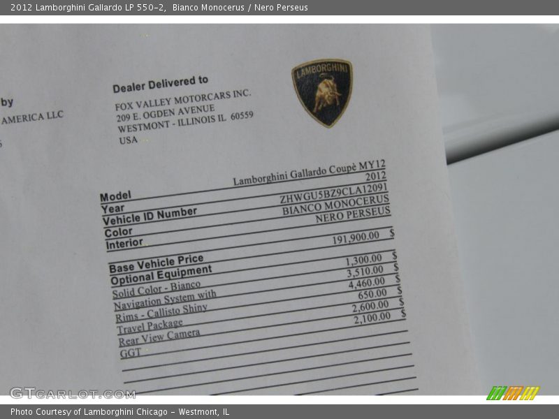  2012 Gallardo LP 550-2 Window Sticker