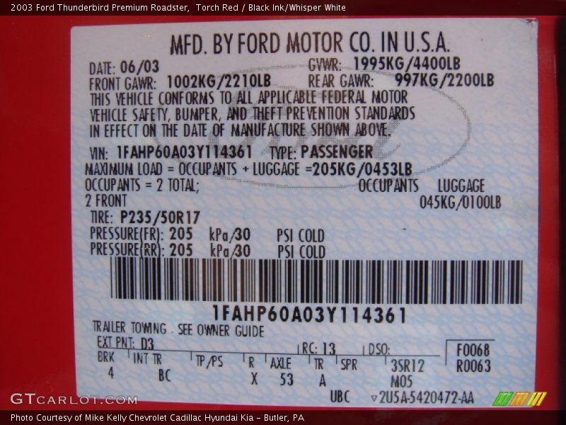 2003 Thunderbird Premium Roadster Torch Red Color Code D3