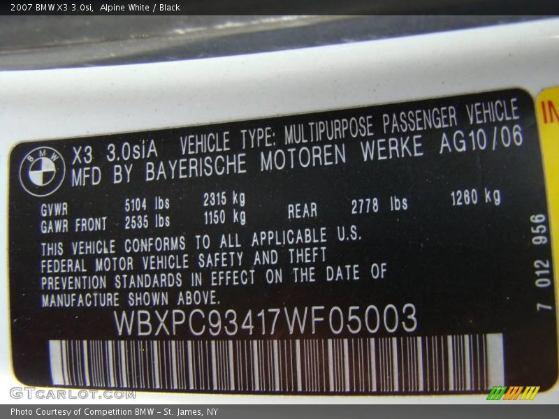 Alpine White / Black 2007 BMW X3 3.0si