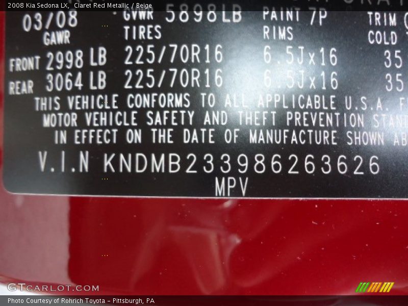 Claret Red Metallic / Beige 2008 Kia Sedona LX