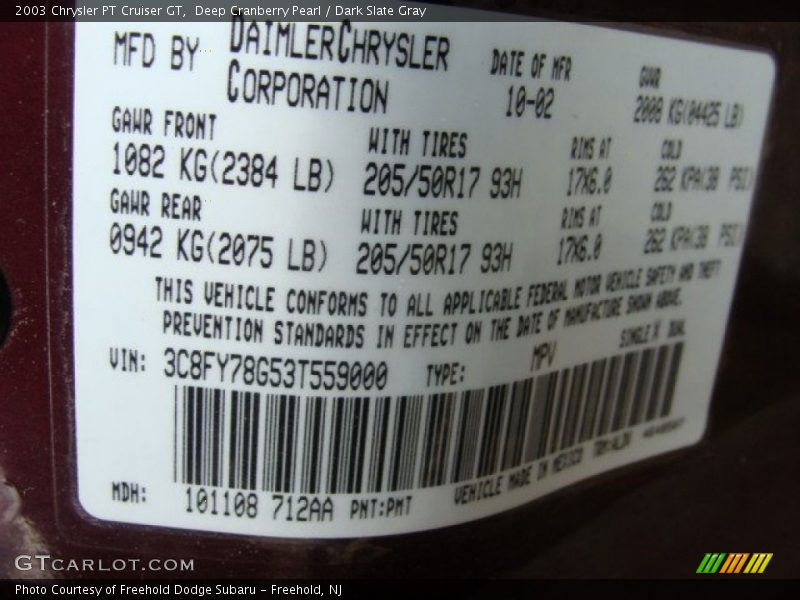 Deep Cranberry Pearl / Dark Slate Gray 2003 Chrysler PT Cruiser GT