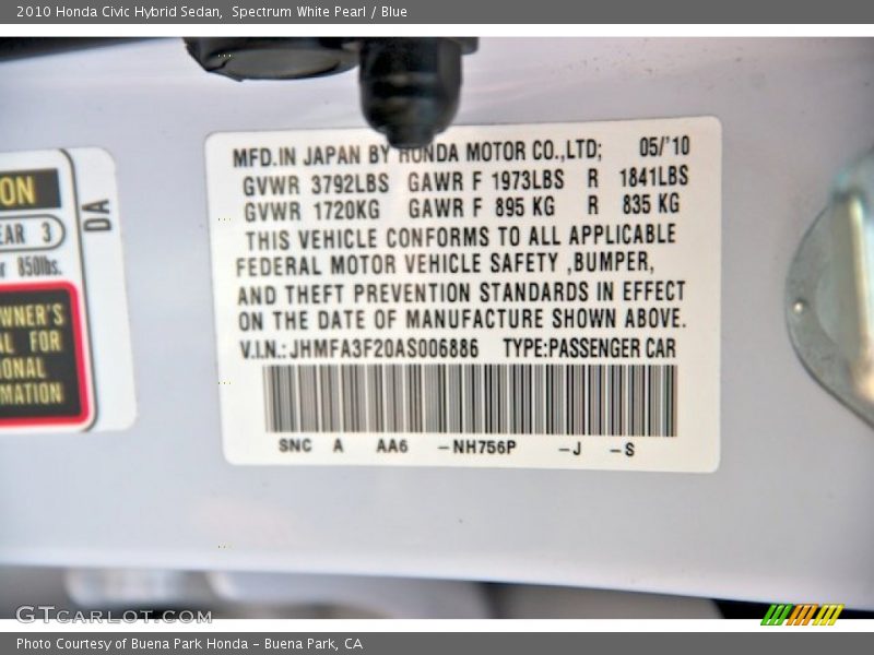 2010 Civic Hybrid Sedan Spectrum White Pearl Color Code NH756P