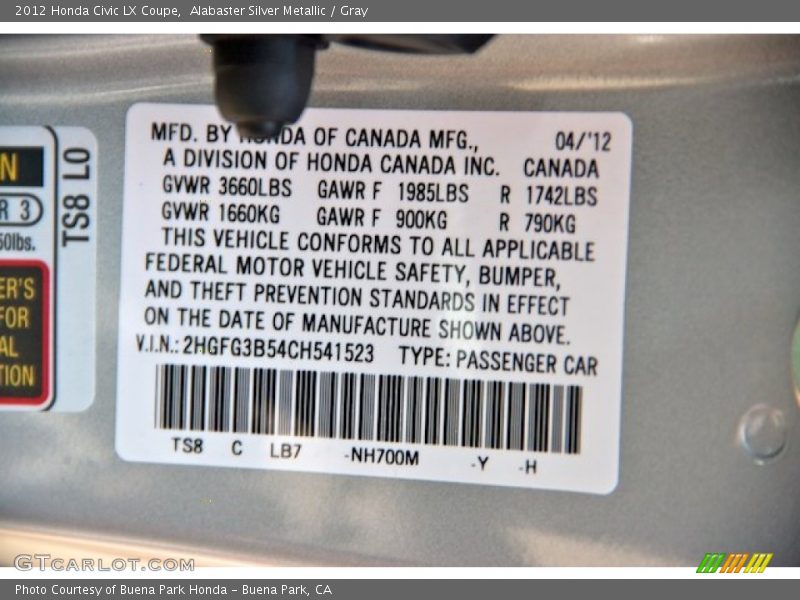 Alabaster Silver Metallic / Gray 2012 Honda Civic LX Coupe