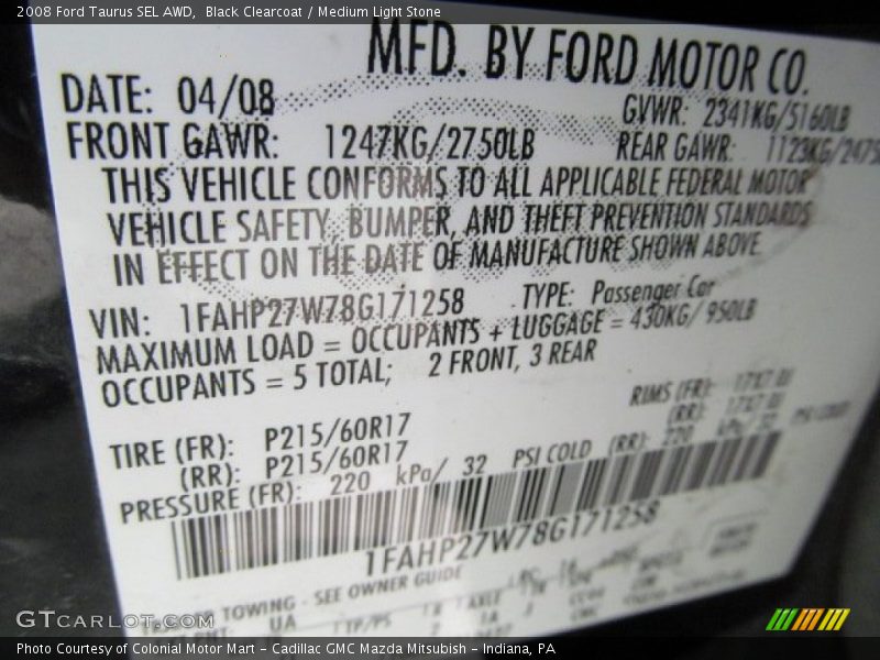 Black Clearcoat / Medium Light Stone 2008 Ford Taurus SEL AWD