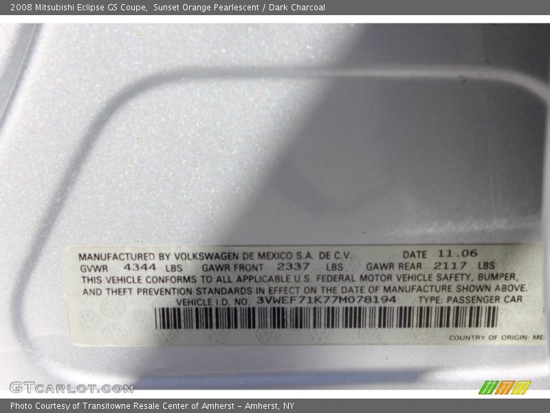 Info Tag of 2008 Eclipse GS Coupe