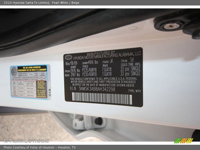 Pearl White / Beige 2010 Hyundai Santa Fe Limited