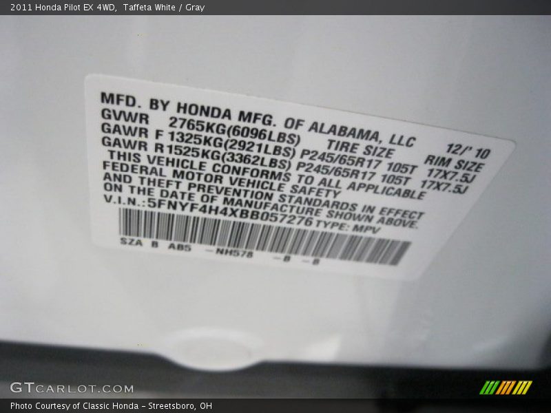 Taffeta White / Gray 2011 Honda Pilot EX 4WD