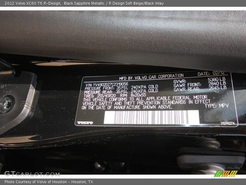 Black Sapphire Metallic / R Design Soft Beige/Black Inlay 2012 Volvo XC60 T6 R-Design