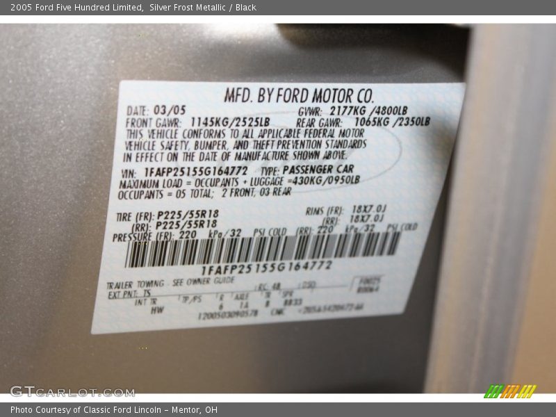 Silver Frost Metallic / Black 2005 Ford Five Hundred Limited
