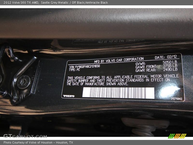 Saville Grey Metallic / Off Black/Anthracite Black 2012 Volvo S60 T6 AWD