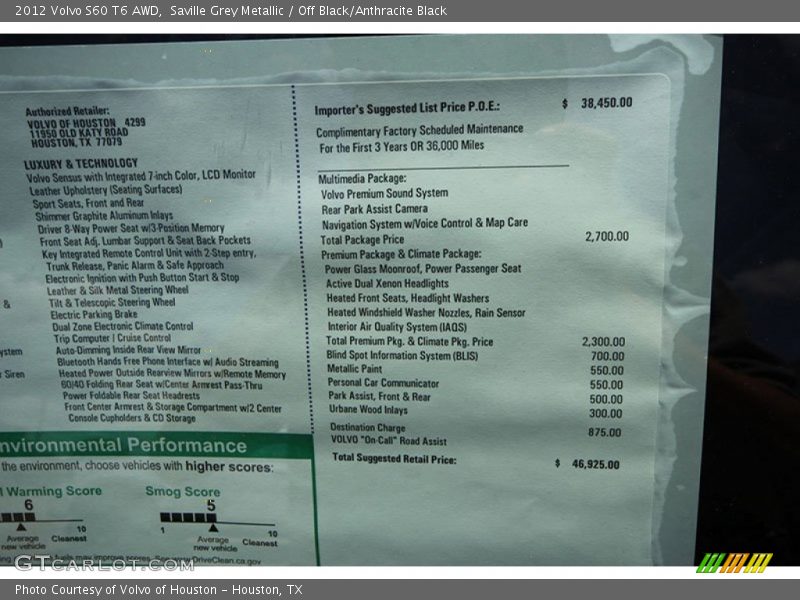 Saville Grey Metallic / Off Black/Anthracite Black 2012 Volvo S60 T6 AWD