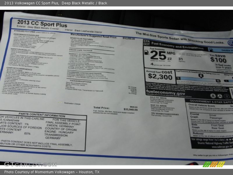 Deep Black Metallic / Black 2013 Volkswagen CC Sport Plus